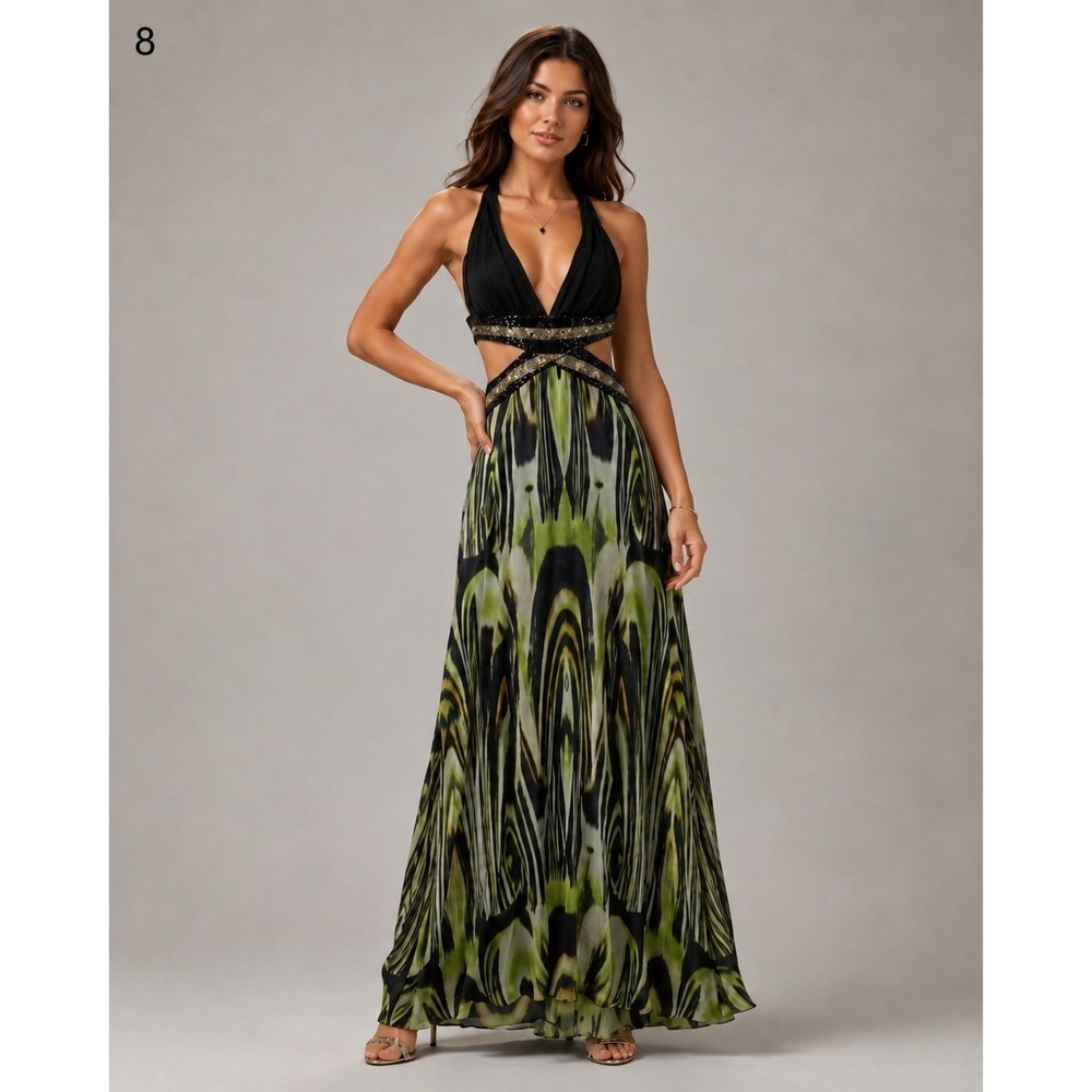 Arden B Maxi Halter Dress Womens Small Black Green Polyester Beaded Waist